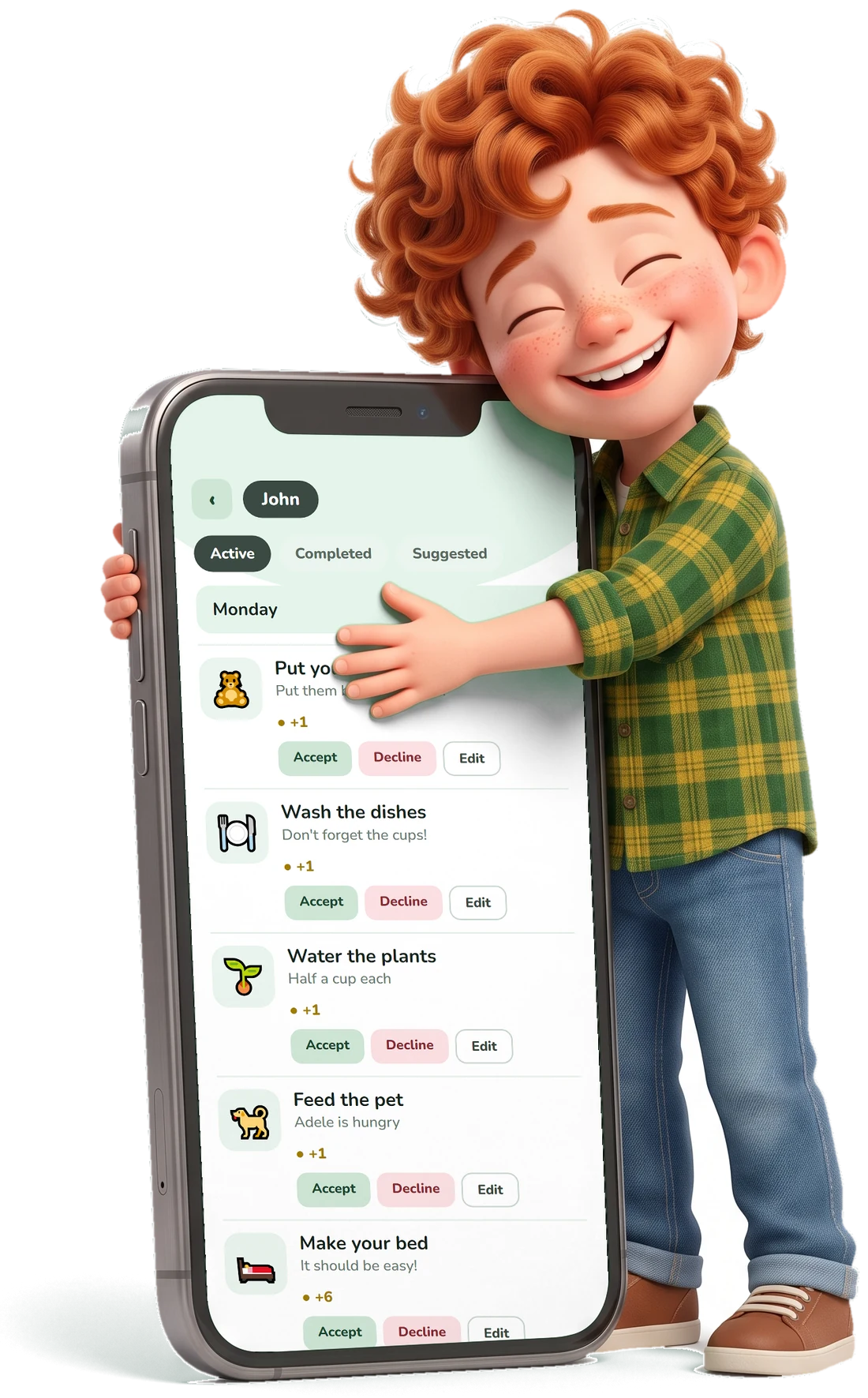 A smiling boy hugging a giant smartphone with the ScreenPoints task list